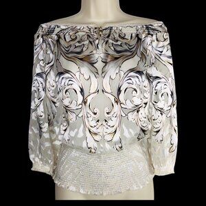White House Women Smocked Top Off The Shoulder Blouse Size S Silk Blend Y2K